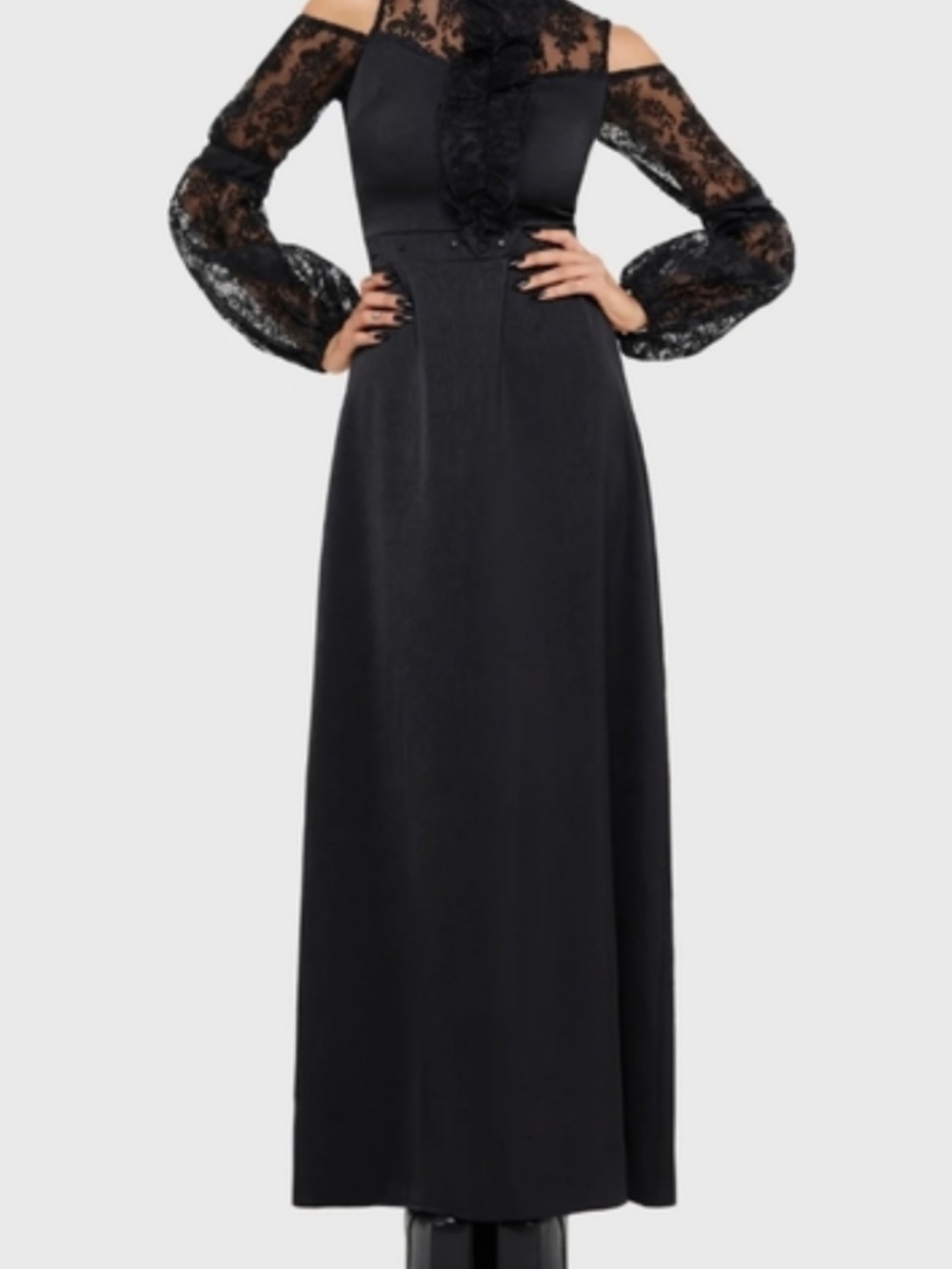 Lulu's Black Lace Long-Sleeve Cutout Evening Gown